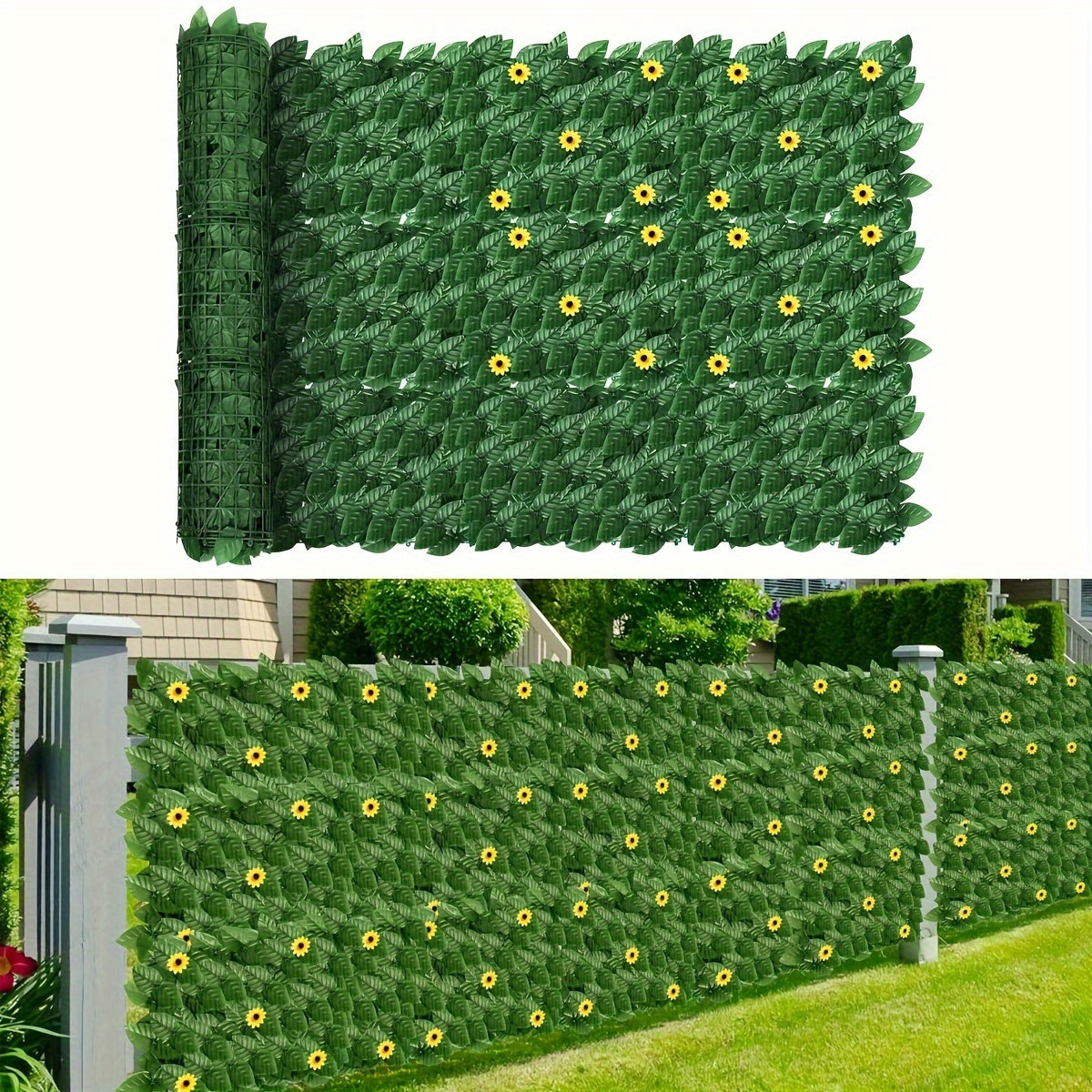 Artificial Ivy Fence Panel with Sunflowers Outdoor Privacy Screen UV-Resistant Plastic Vine
