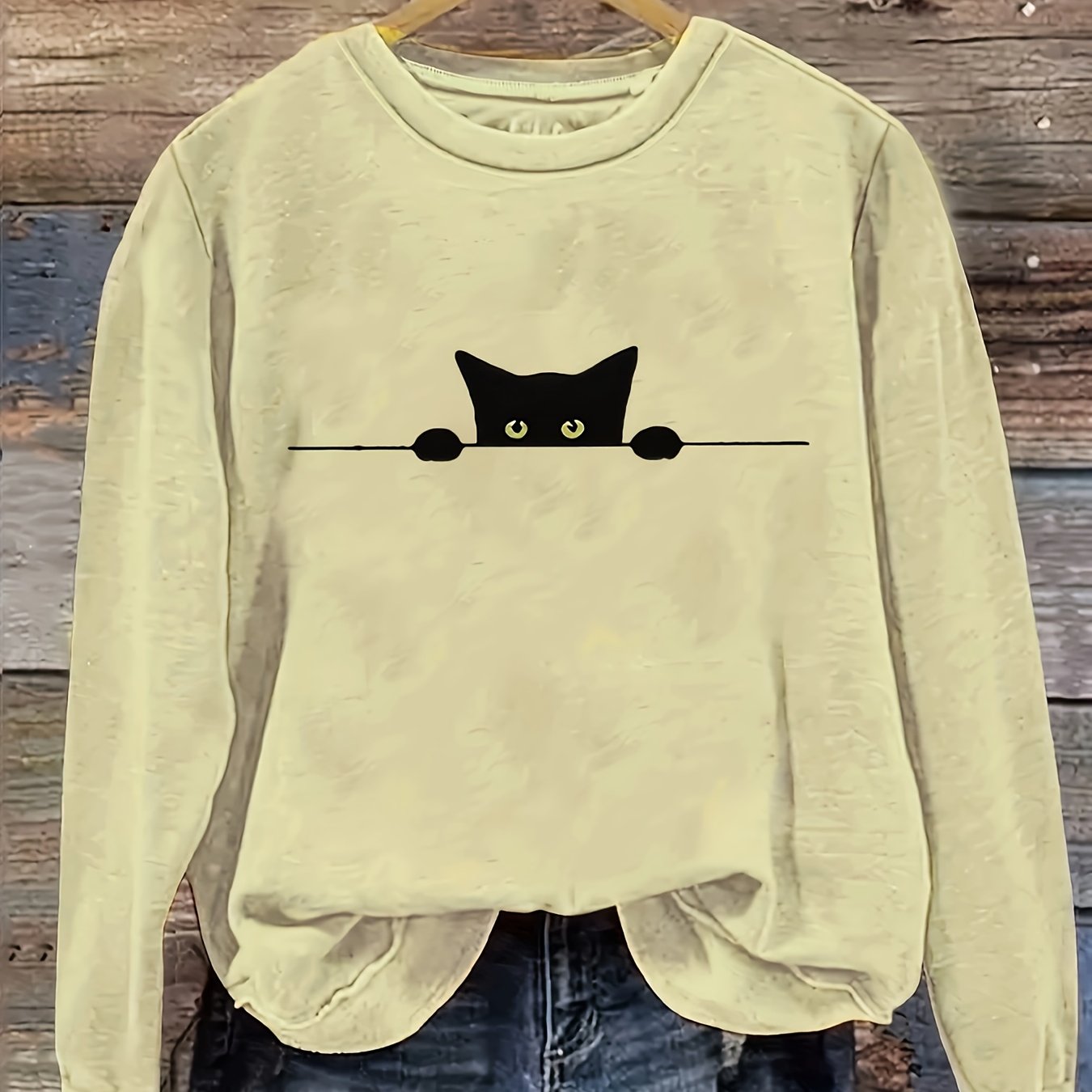 Plus Size Women's Cat Print Sweatshirt Long Sleeve Crew Neck Pullover
