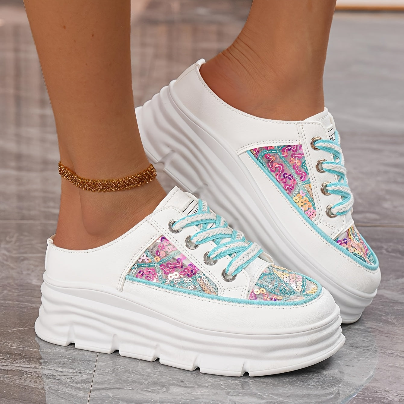 Women's Sequin Slip-On Wedge Sandals With Chunky Sole, Breathable Lace-Up Summer Shoes