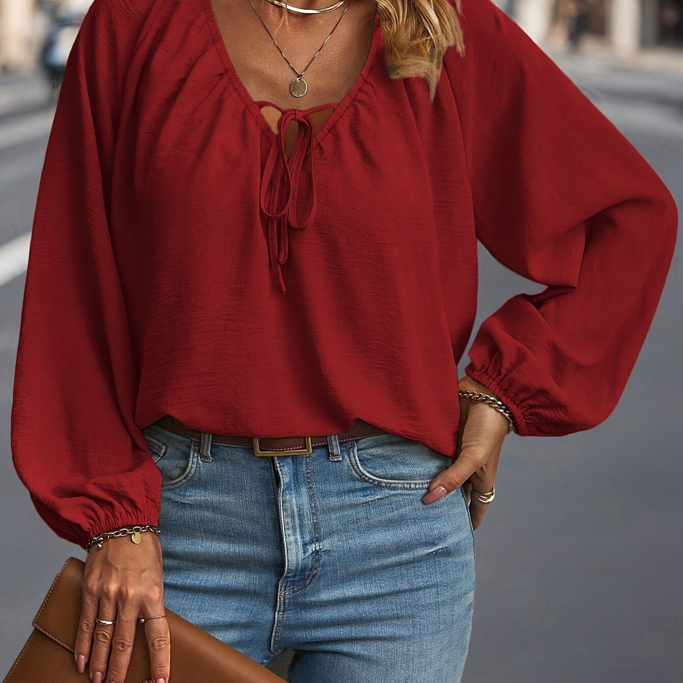 Women's Plus Size Solid Long Sleeve Shirt Polyester V Neck Lace-Up Fall Top