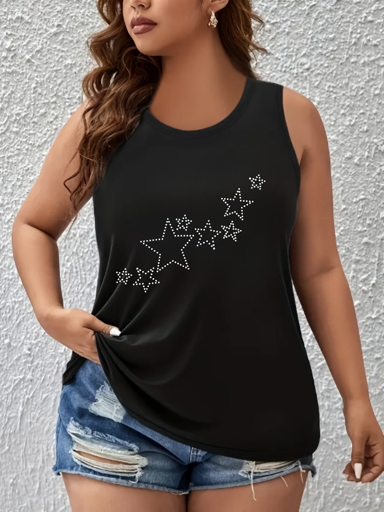 Women's Plus Size Sleeveless Tank Top with Galaxy Star Print Casual Summer Top