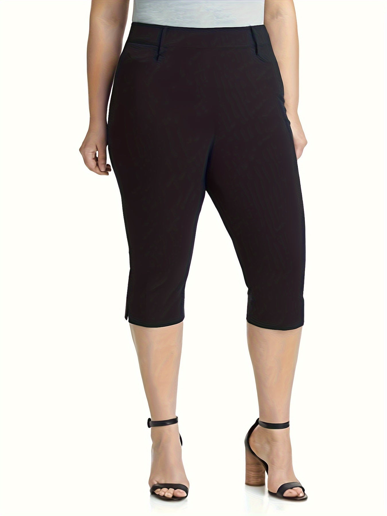Plus Size Capri Pants For Women Stretchy Polyester Solid Color Pockets