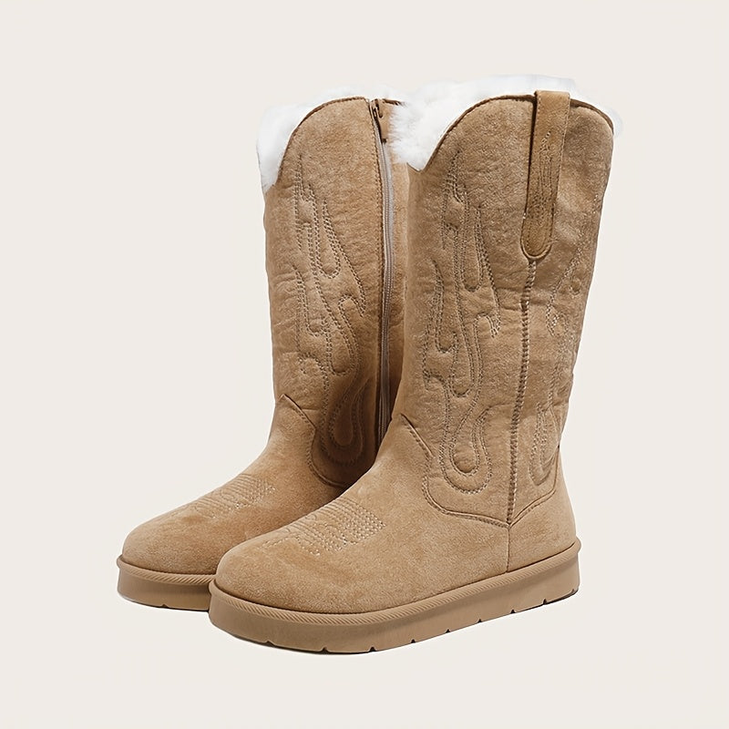 Women's Winter Snow Boots Plush-Lined Cowgirl Shoes with Zipper Durable Sole