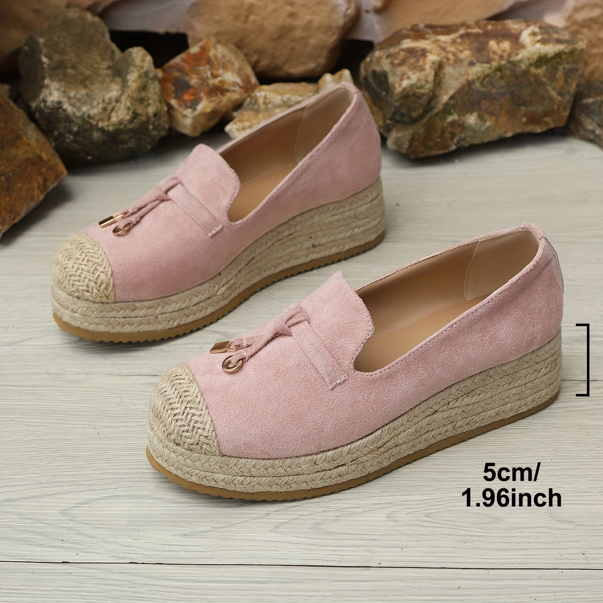 Women's Pink Platform Loafers with Jute Wedge Sole and Metallic Accents