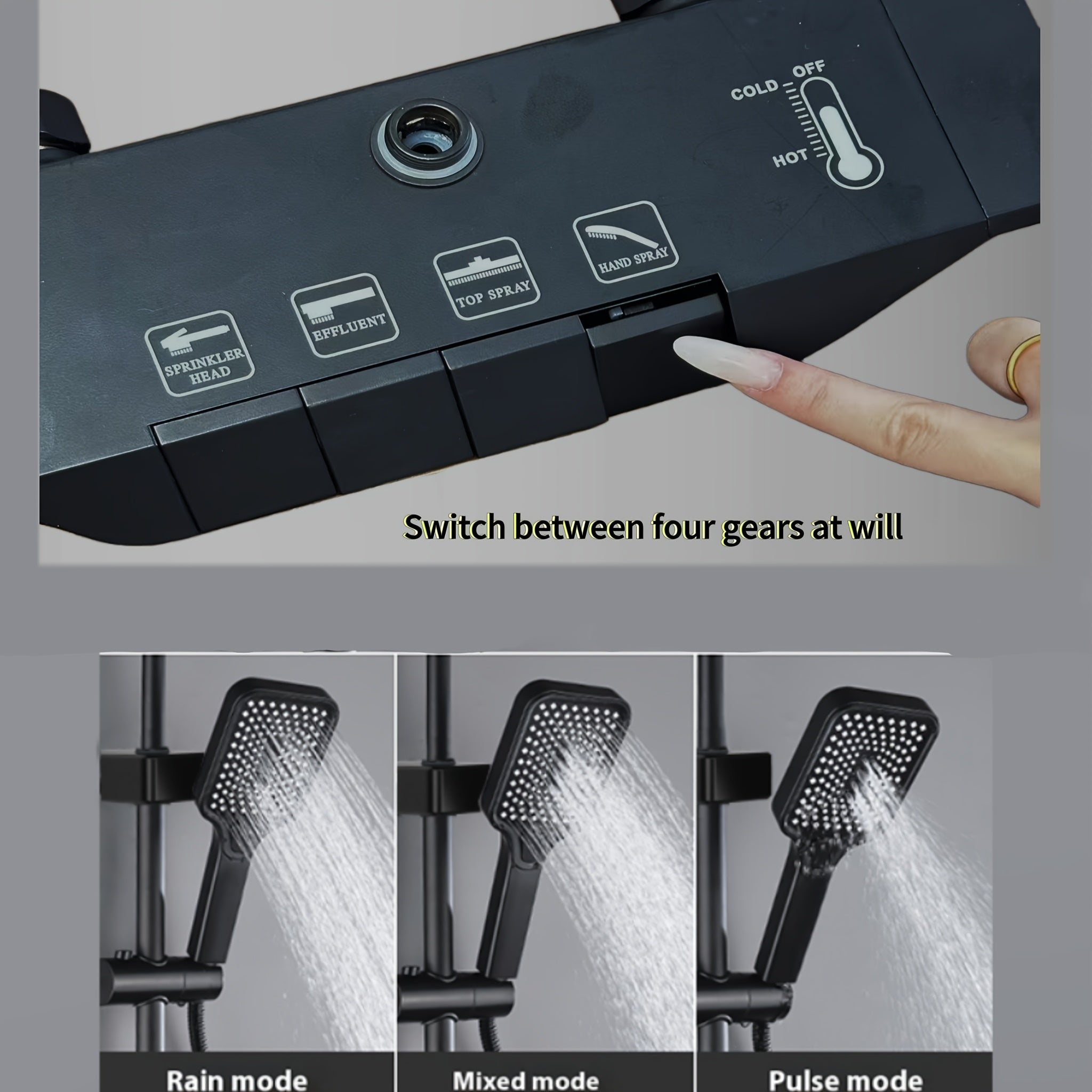 Wall-Mounted Copper Black Rainfall Shower Head Set with Constant Temperature Control