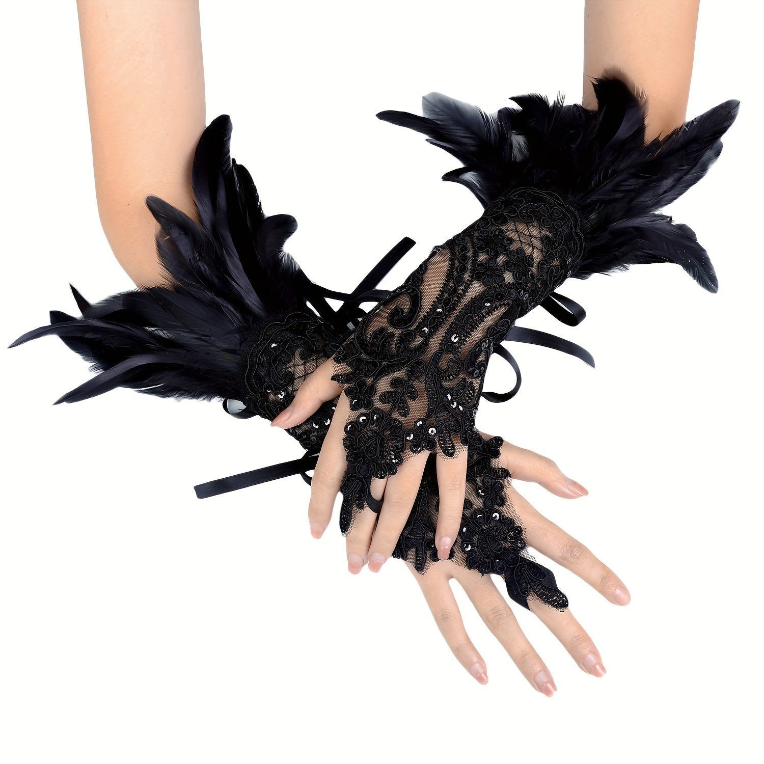 Gothic Lace Gloves with Faux Feathers Sequins and Lace-Up Hooks for Halloween