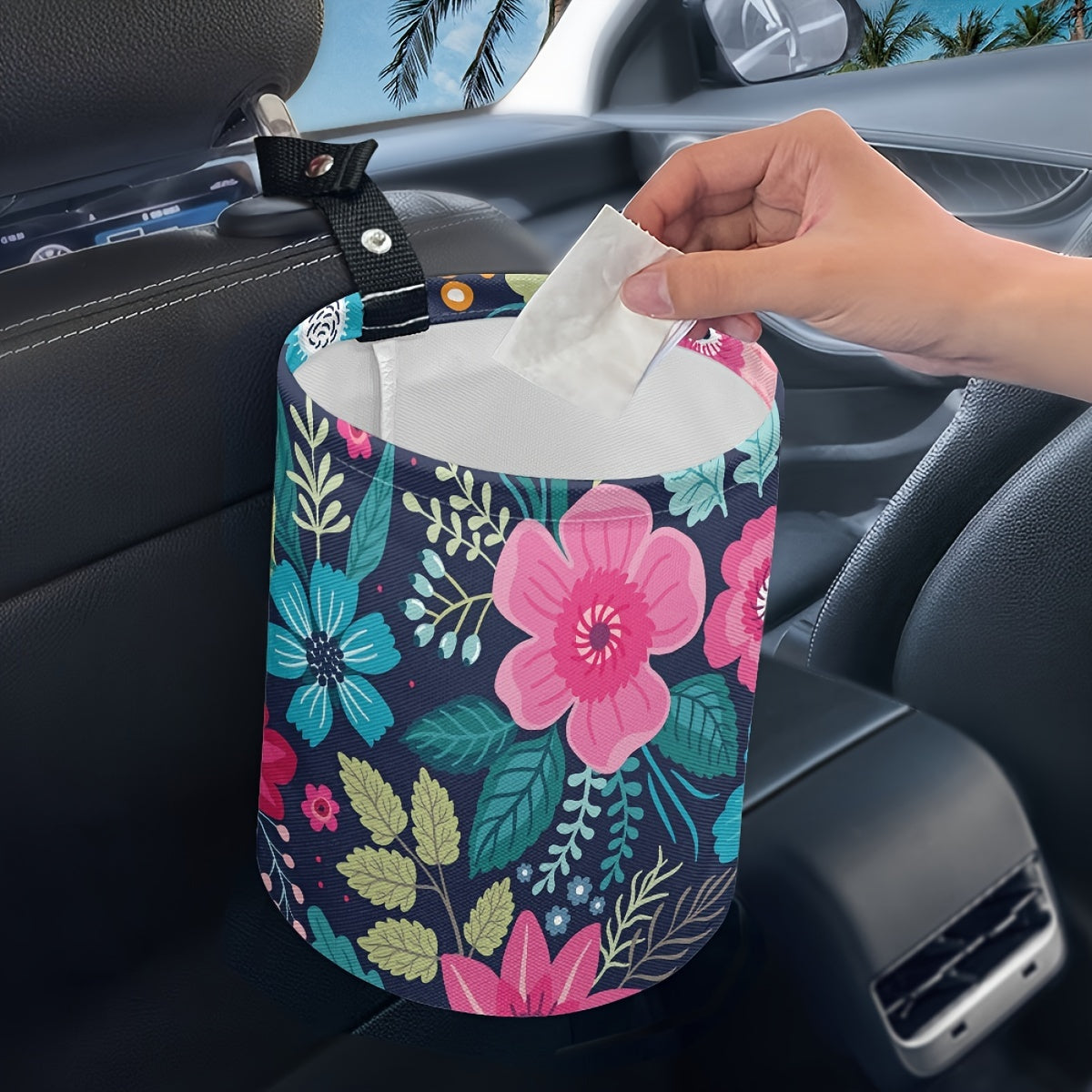 Pink Flowers Car Trash Can Dustbin for Travel and Interior Storage