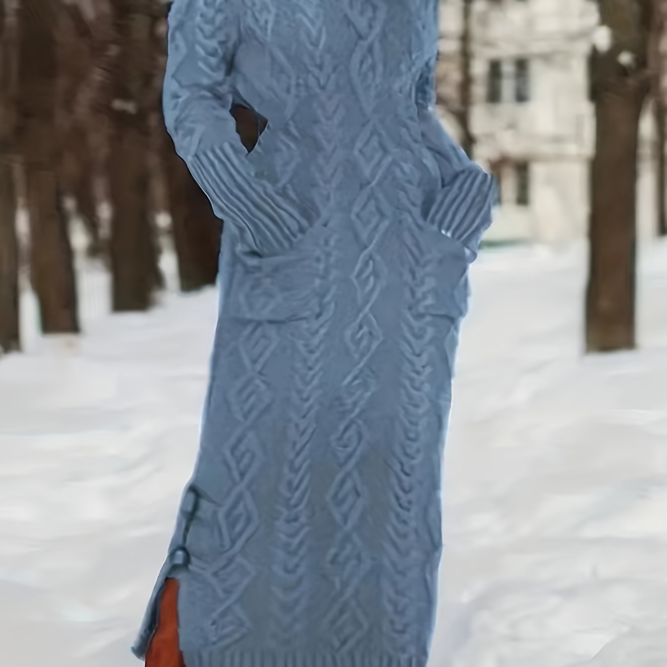 Plus Size Longline Sweater Dress Women High Neck Pockets Fall Winter