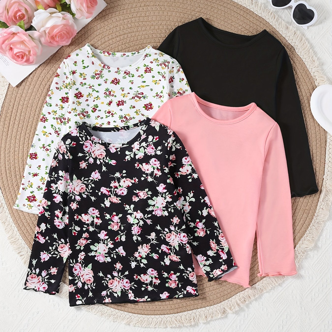 Girls' Long Sleeve Knit Tops 4-Piece Set Spring Fall Floral Solid Colors Skinny Fit