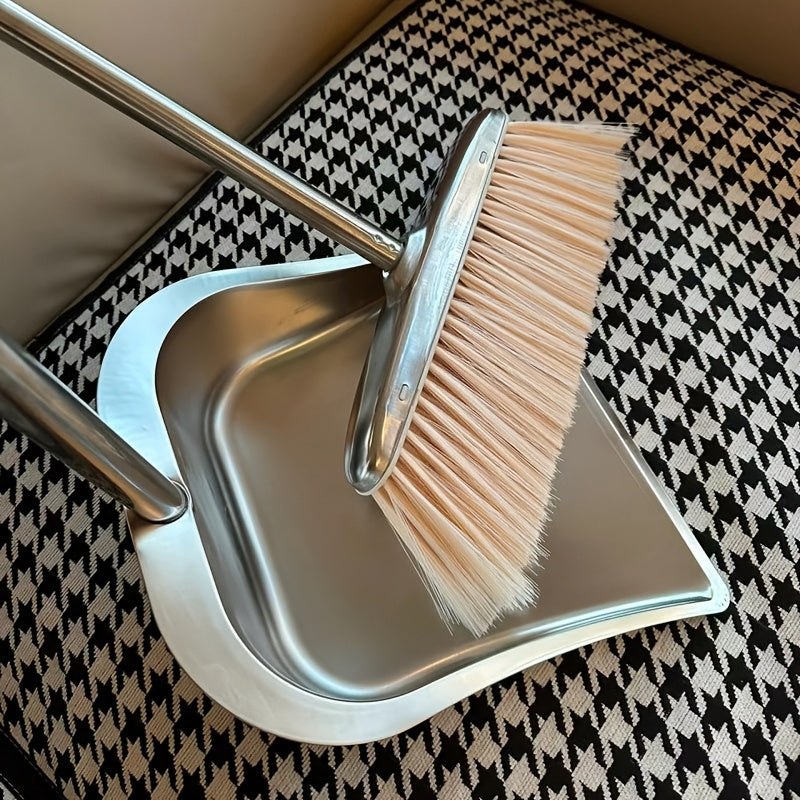 Juego de recogedor y escoba de acero inoxidable con mango largo para limpieza en interiores del hogar