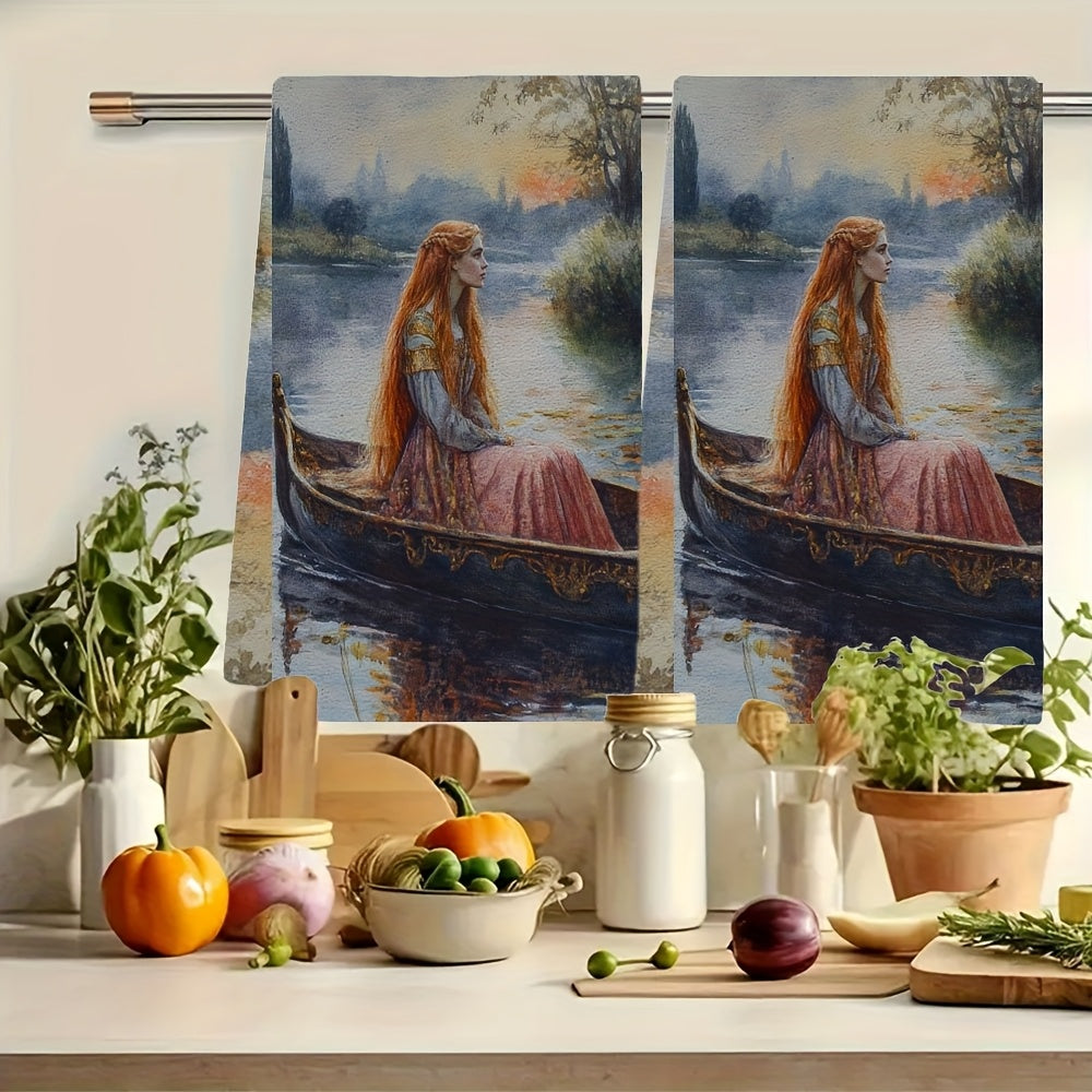Two Pieces Ultra-Soft Kitchen Towels Water Scene Art 40x60cm Absorbent