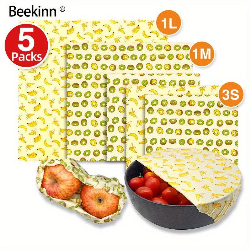 Juego de 5 envoltorios de cera de abeja ecológicos para alimentos, queso, fruta, pan, snacks