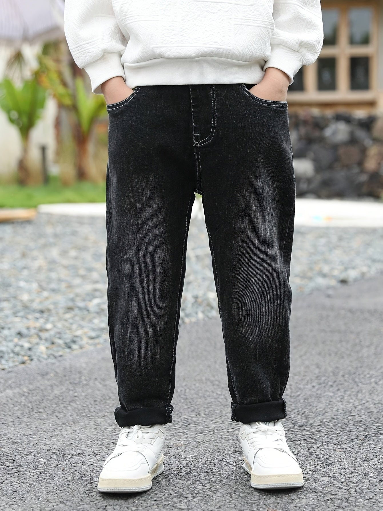 Bolalar uchun denim shimlar, bolalar uchun qora va kulrang, uzun bo'yli, kundalik, erkin o'lcham, cho'ntaklar bilan