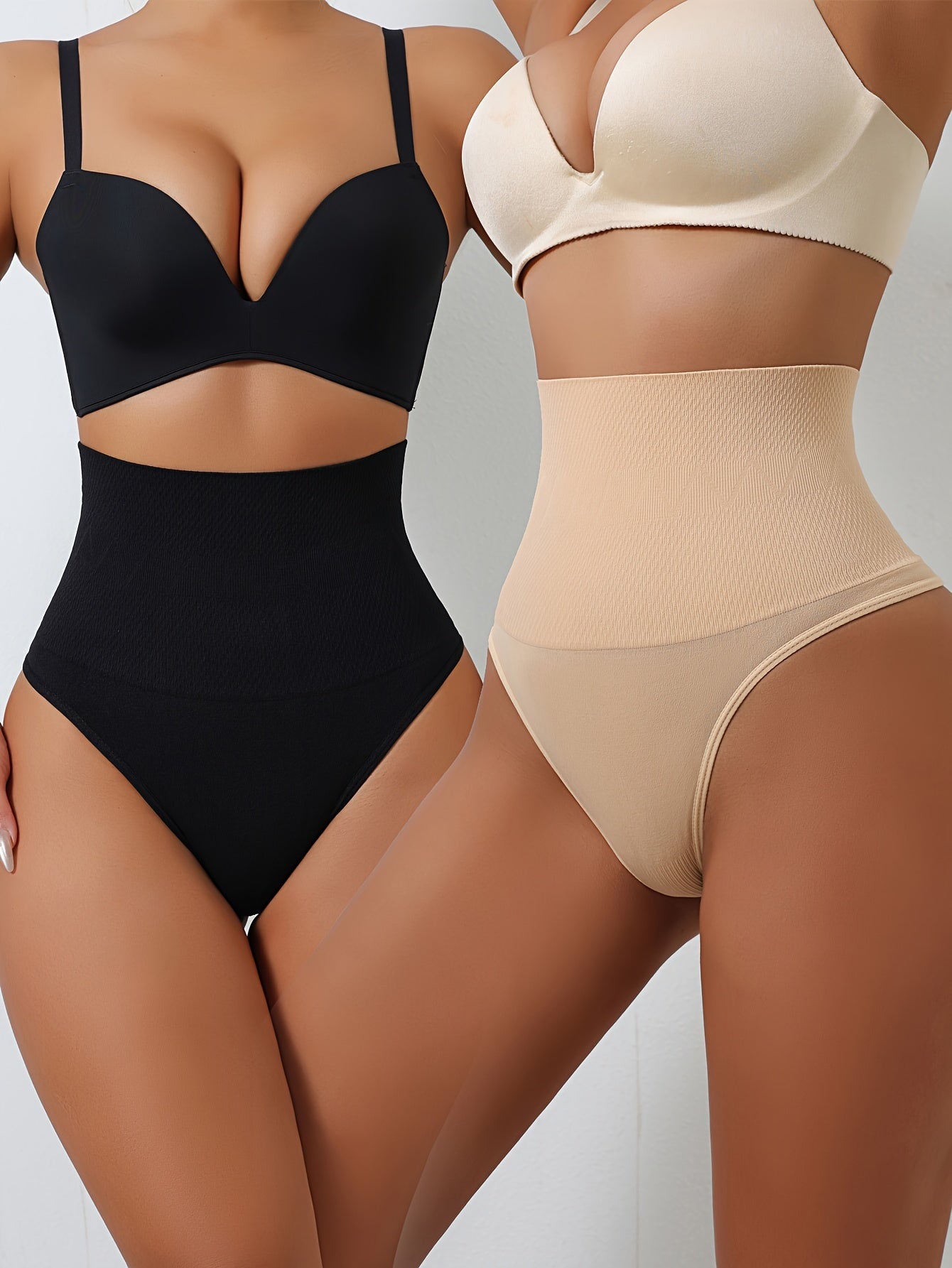 High-Waisted Geometric Knit Shapewear Thong for Women Tummy Tuck Butt Lift Black Skin Tone
