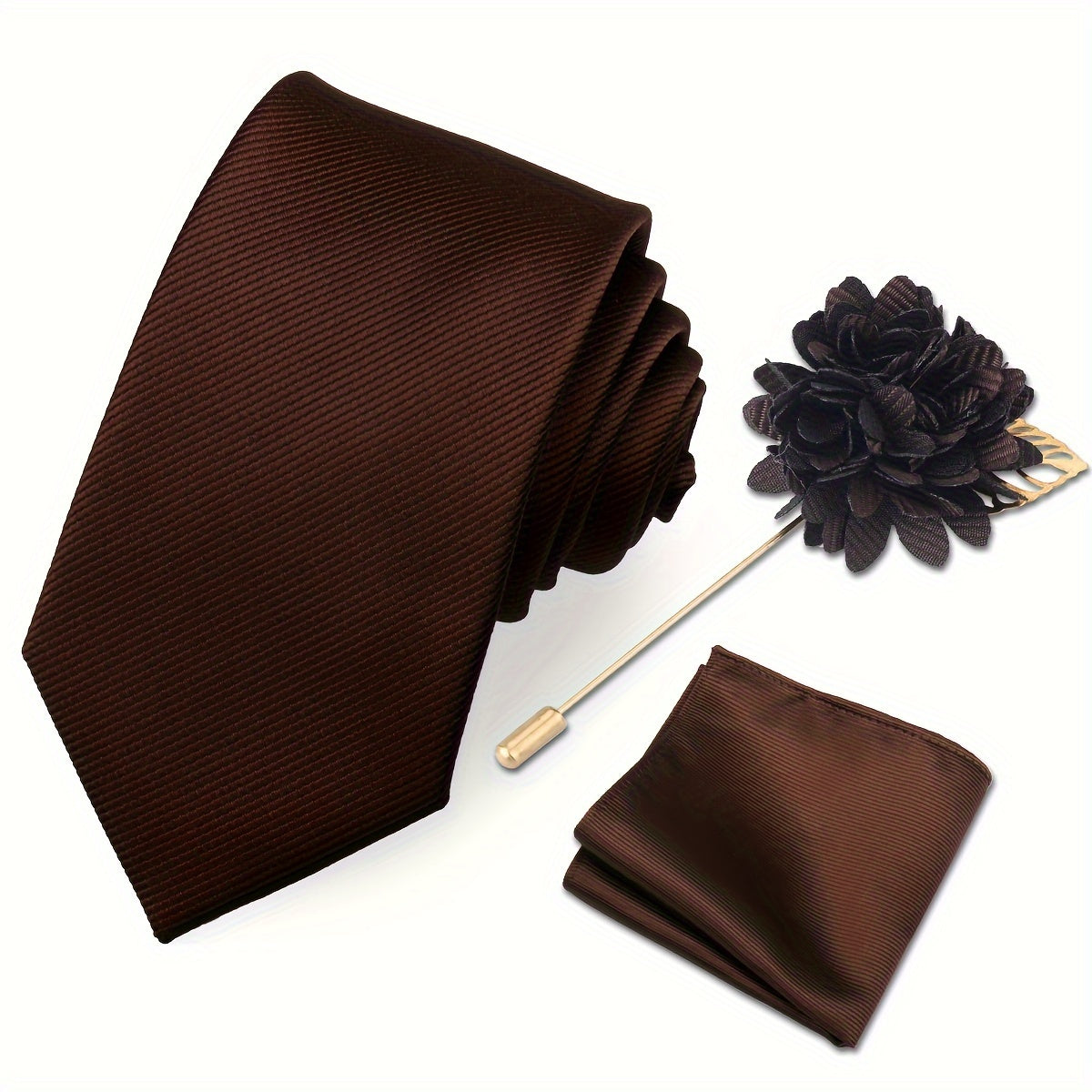 Men's Tie Set with Pocket Towel and Brooch, Classic Striped Plain Design