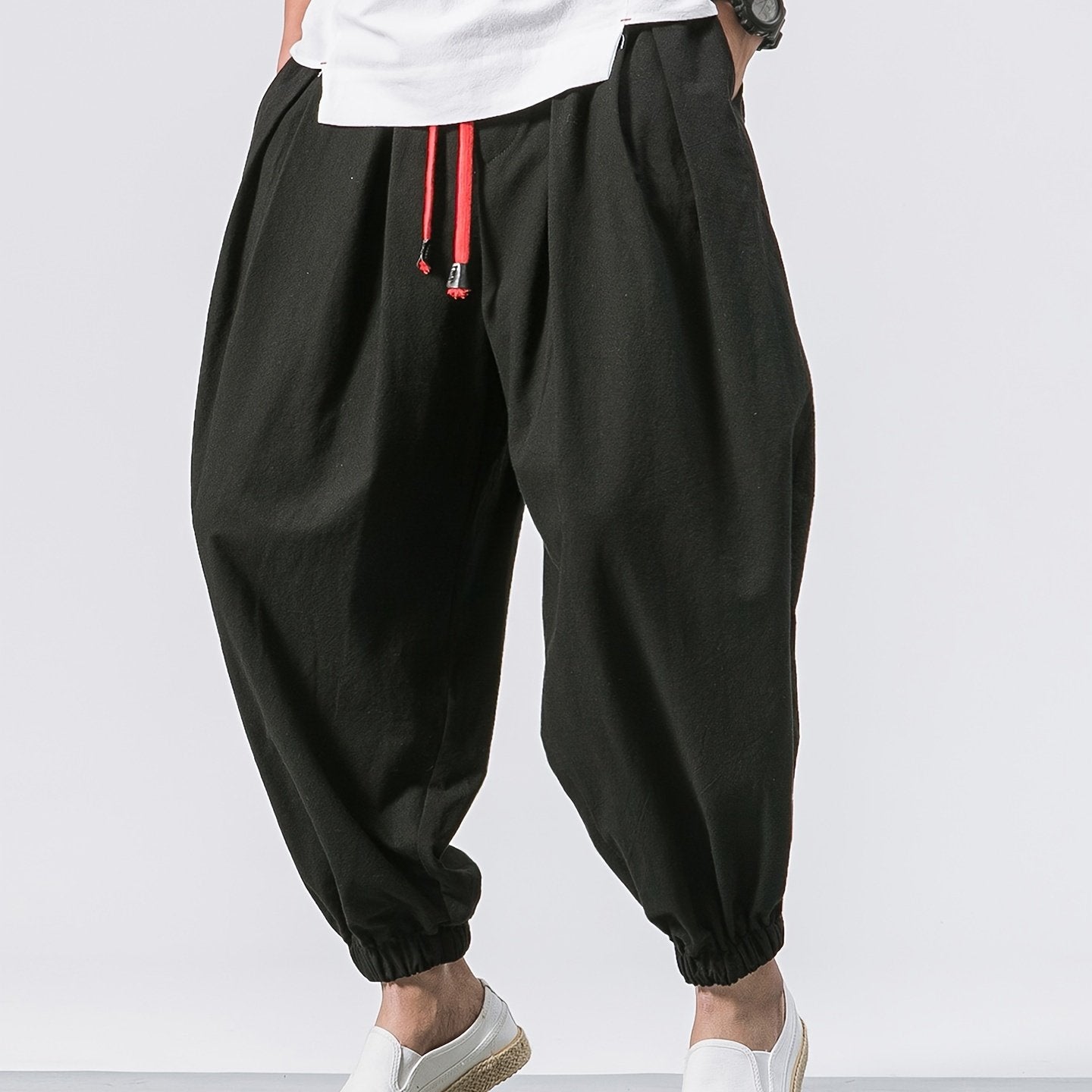 Men's Black Linen Cropped Pants with Drawstring Waist Pockets Breathable Casual Fit