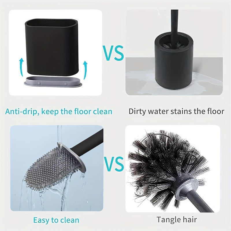 Flexible Silicone Toilet Brush with Holder Wall Mount Bristle-Free Soft Durable