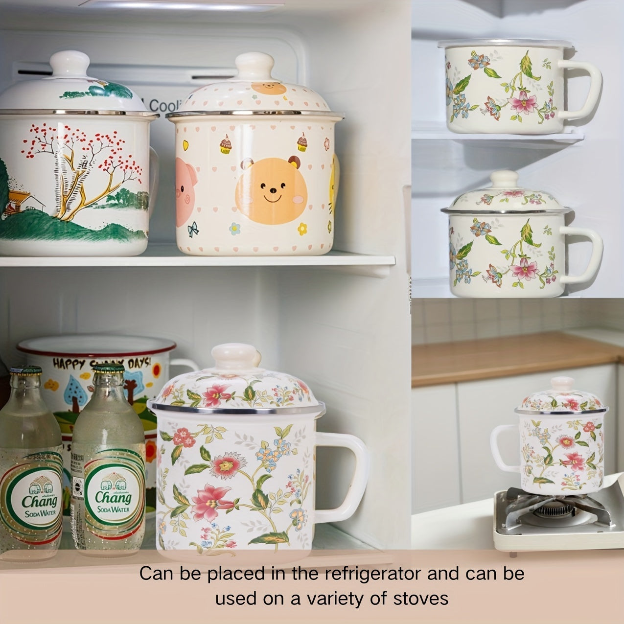 Enamel Butter Warmer Pot with Lid for Melting Butter Tea Noodles Stovetop Cookware