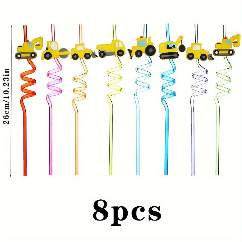 Set of 8 Construction Vehicle Party Straws Plastic for Birthdays and Events