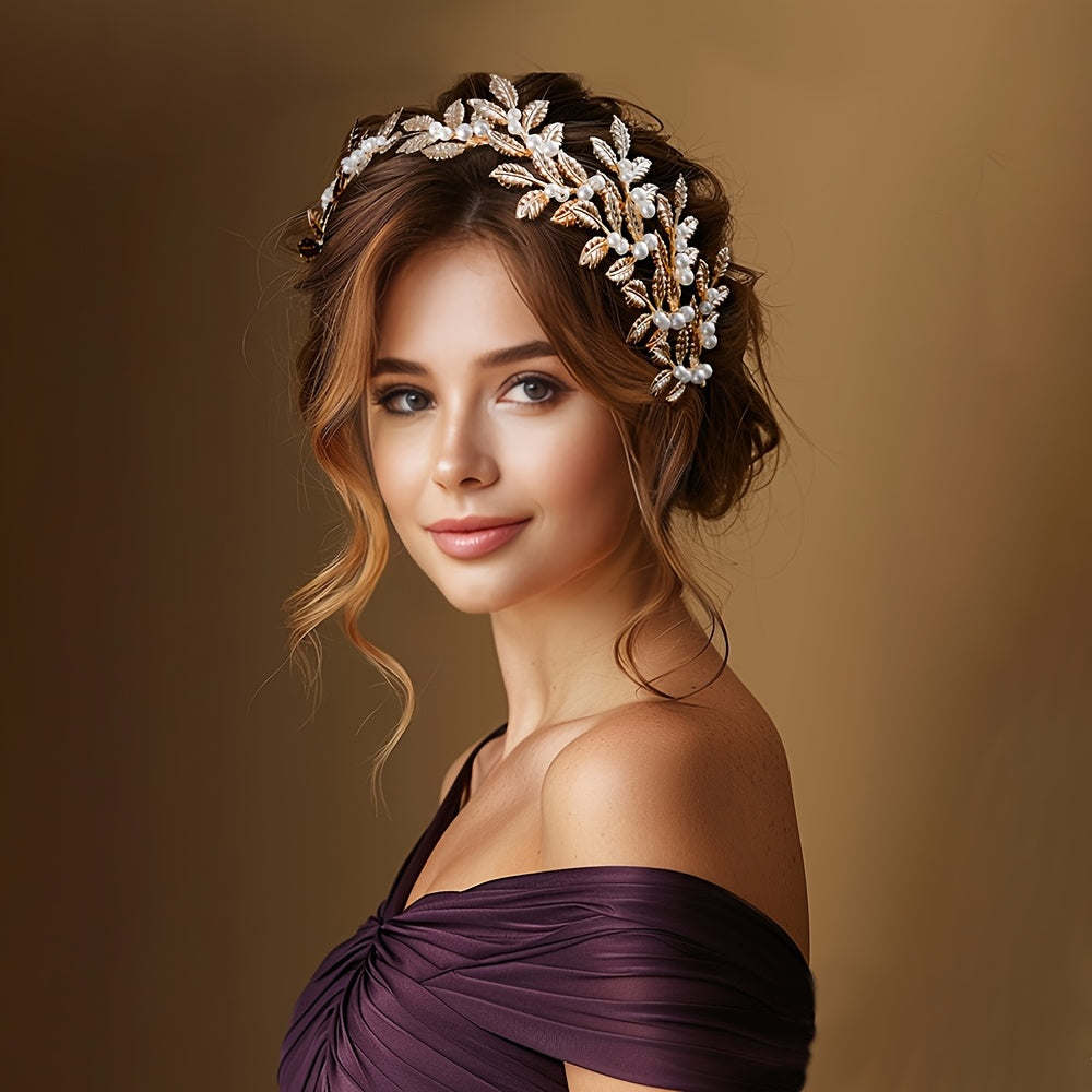 Bridal Headband Gold Leaves Imitation Pearls Wedding Hair Accessory