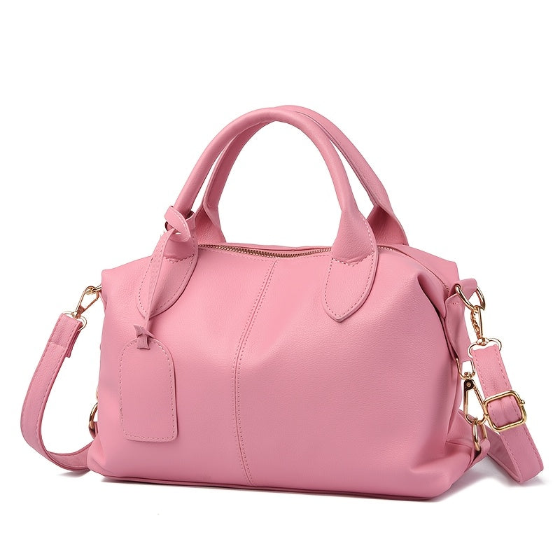 Synthetic Leather Tote Bag with Zipper Closure and Edge Paint in Black Pink Khaki Orange Light Brown