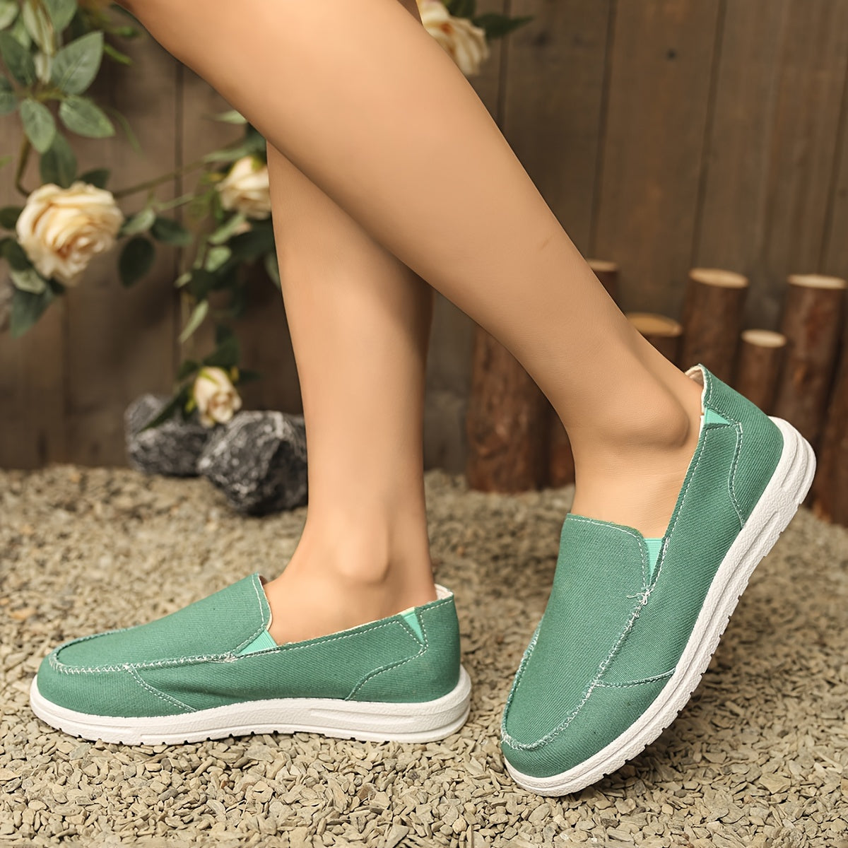 Women's Green Fabric Slip-On Loafers with Rubber Sole Comfortable Flats