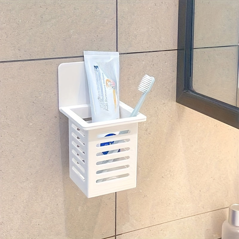 Organizador de almacenamiento para baño de plástico, montado en la pared, sin taladro, para cepillos de dientes y brochas de maquillaje