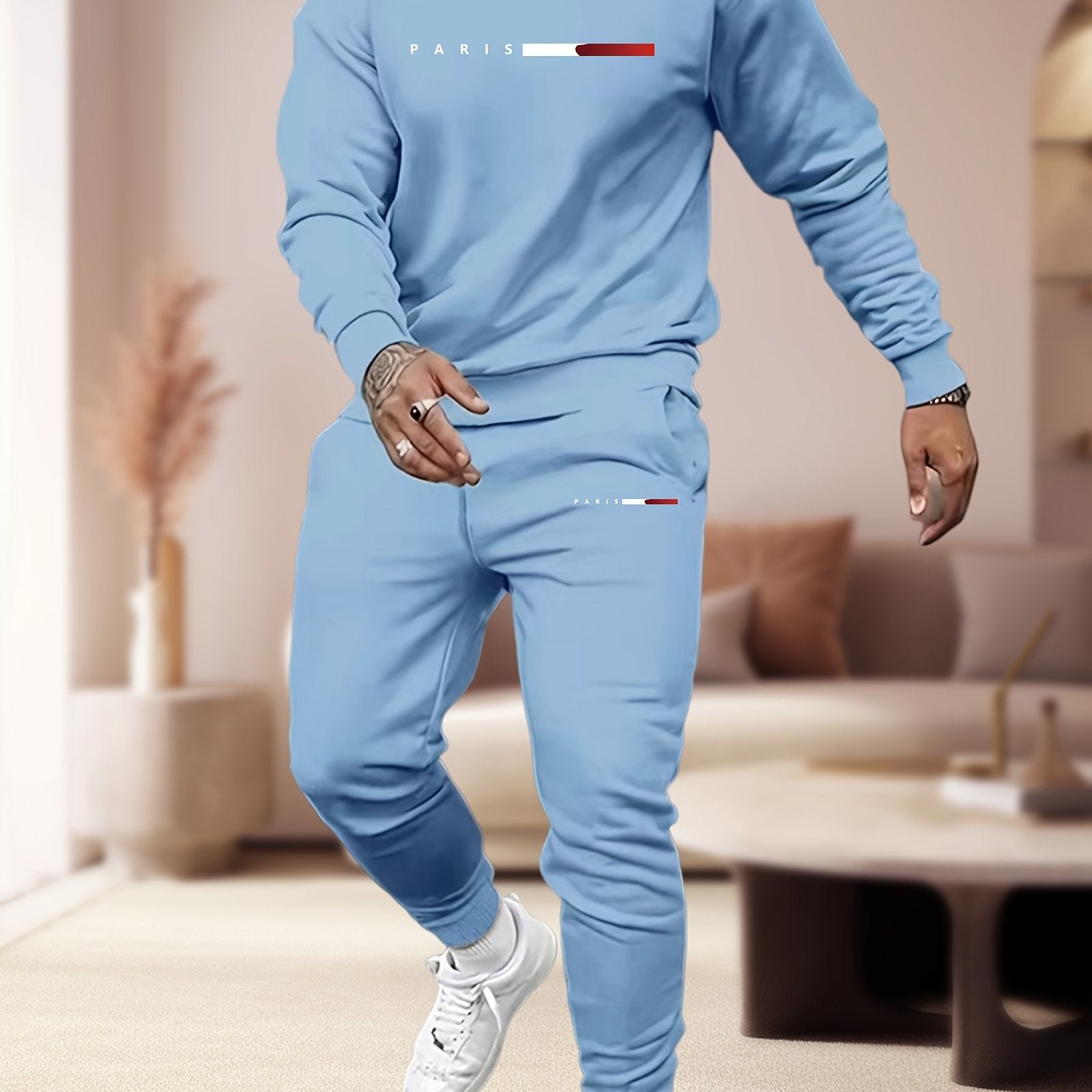 Men's Fall 2-Piece Pajama Set with Paris Print Crew Neck Top and Pockets
