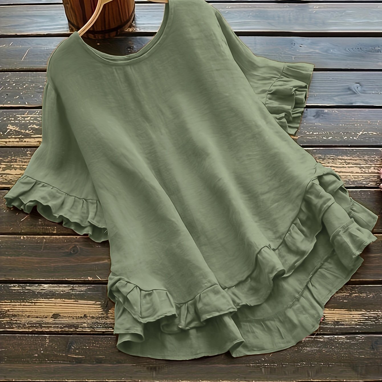 Blusa de manga campana de talla grande para mujer, con volantes, parte frontal corta y parte trasera larga, color negro, tela suave