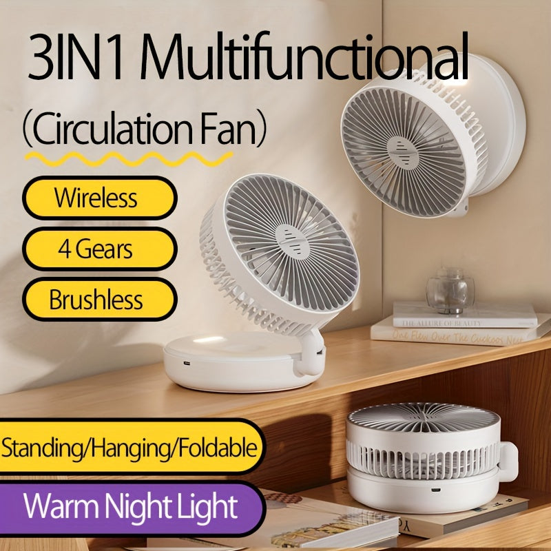 3-in-1 Rechargeable Circulation Fan with Night Light, Foldable, Portable