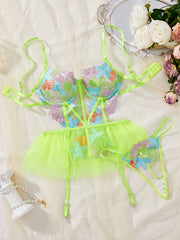 Women's Floral Embroidery Lingerie Set with Garter Belts and Thong