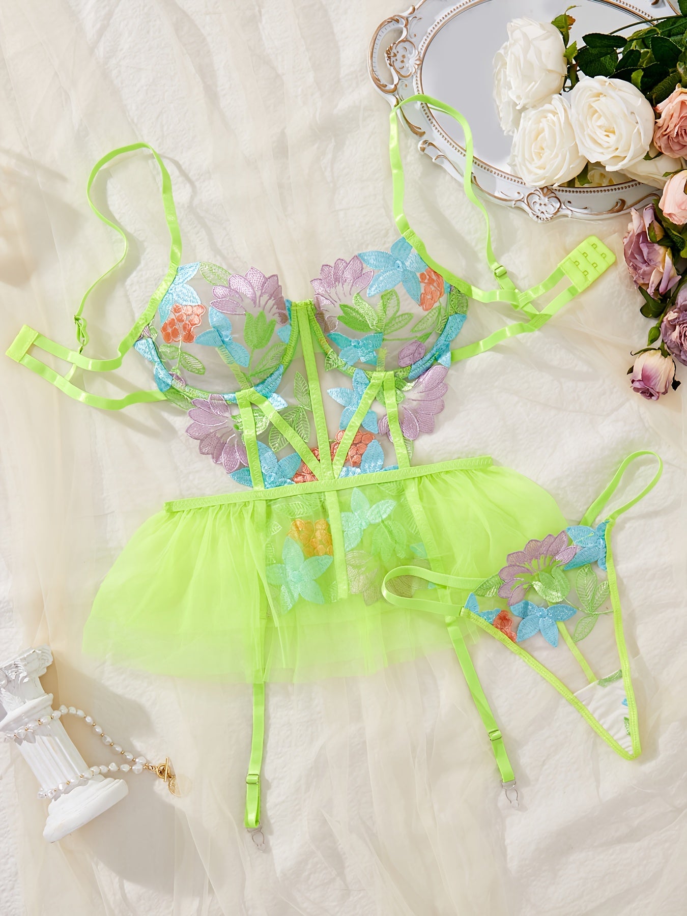 Women's Floral Embroidery Lingerie Set with Garter Belts and Thong