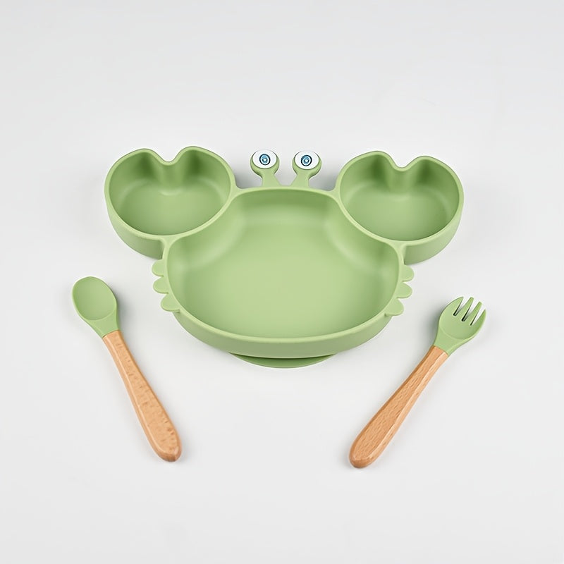 Silicone Toddler Tableware Set Non-Slip Crab Design Dinner Plate Spoons for Ages 0-3