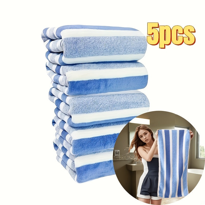 Soft Coral Fleece Towel Set 5 Pieces Quick-Dry Striped Polyester 280gsm