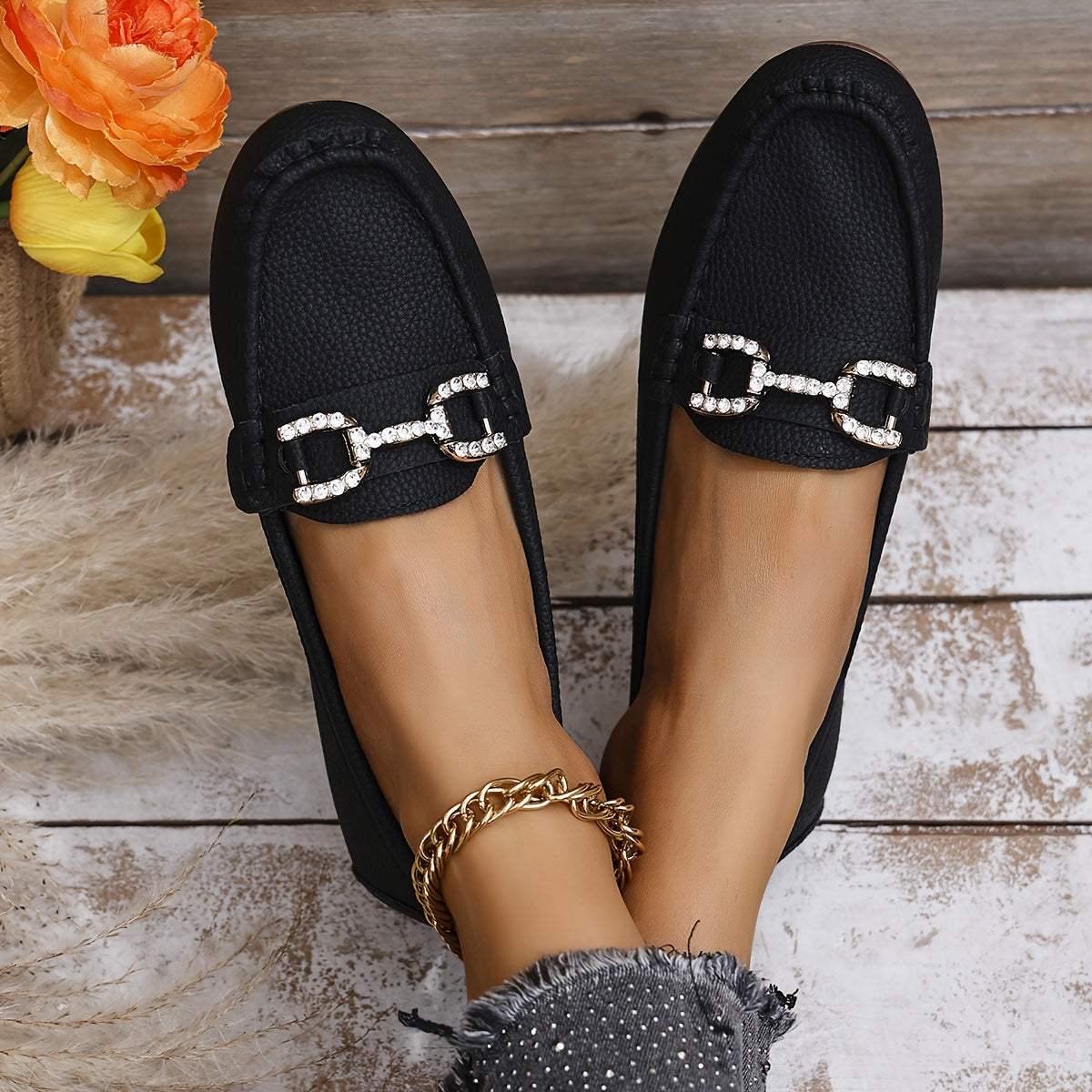 ayollar uchun slip-on tufli, faux cover yuqori qismi, kauchuk taglik, kundalik poyafzal