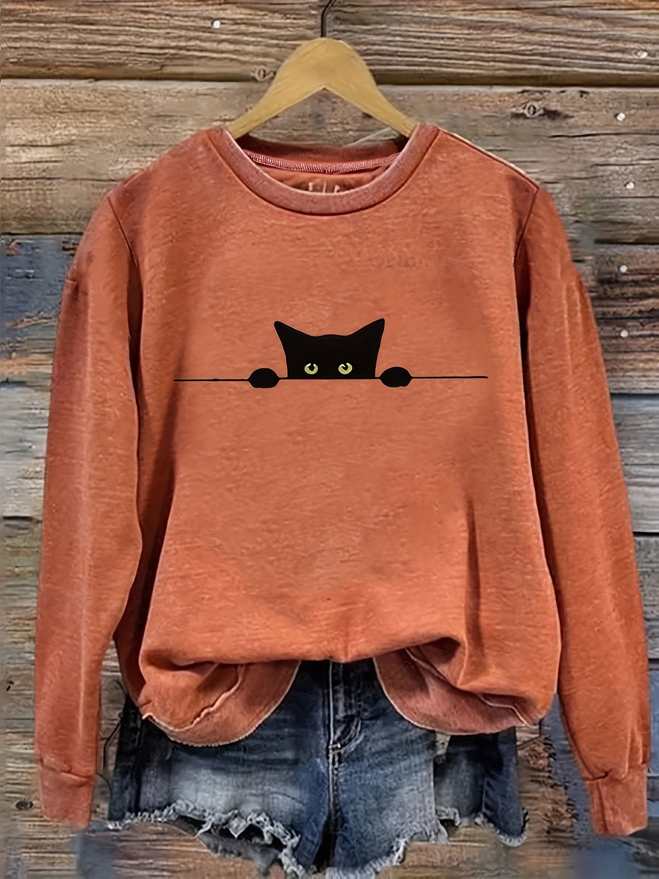 Plus Size Women's Cat Print Sweatshirt Long Sleeve Crew Neck Pullover