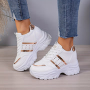 Women's White and Gold Platform Sneakers in Large Size 42 with 8cm Height Boost