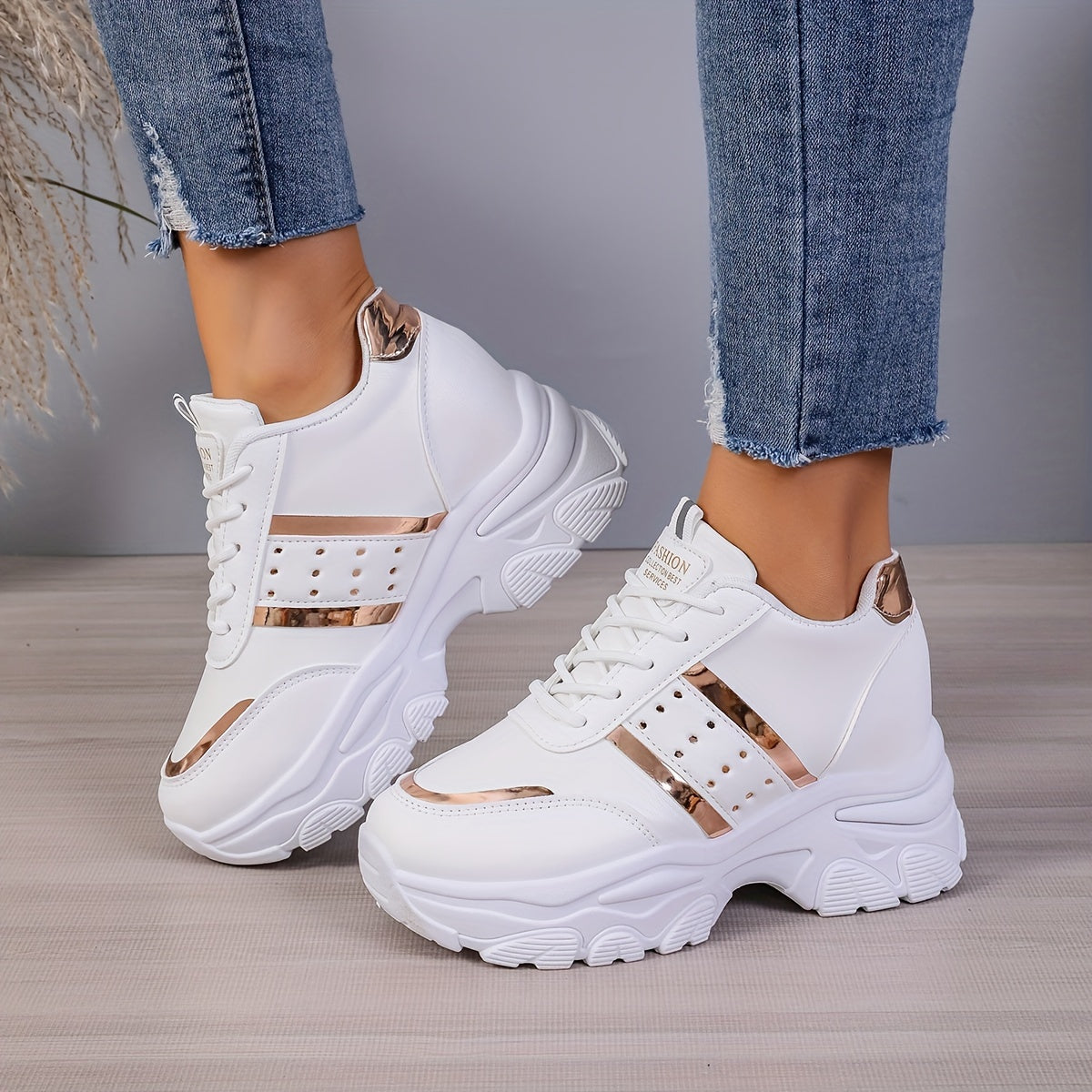 Women's White and Gold Platform Sneakers in Large Size 42 with 8cm Height Boost