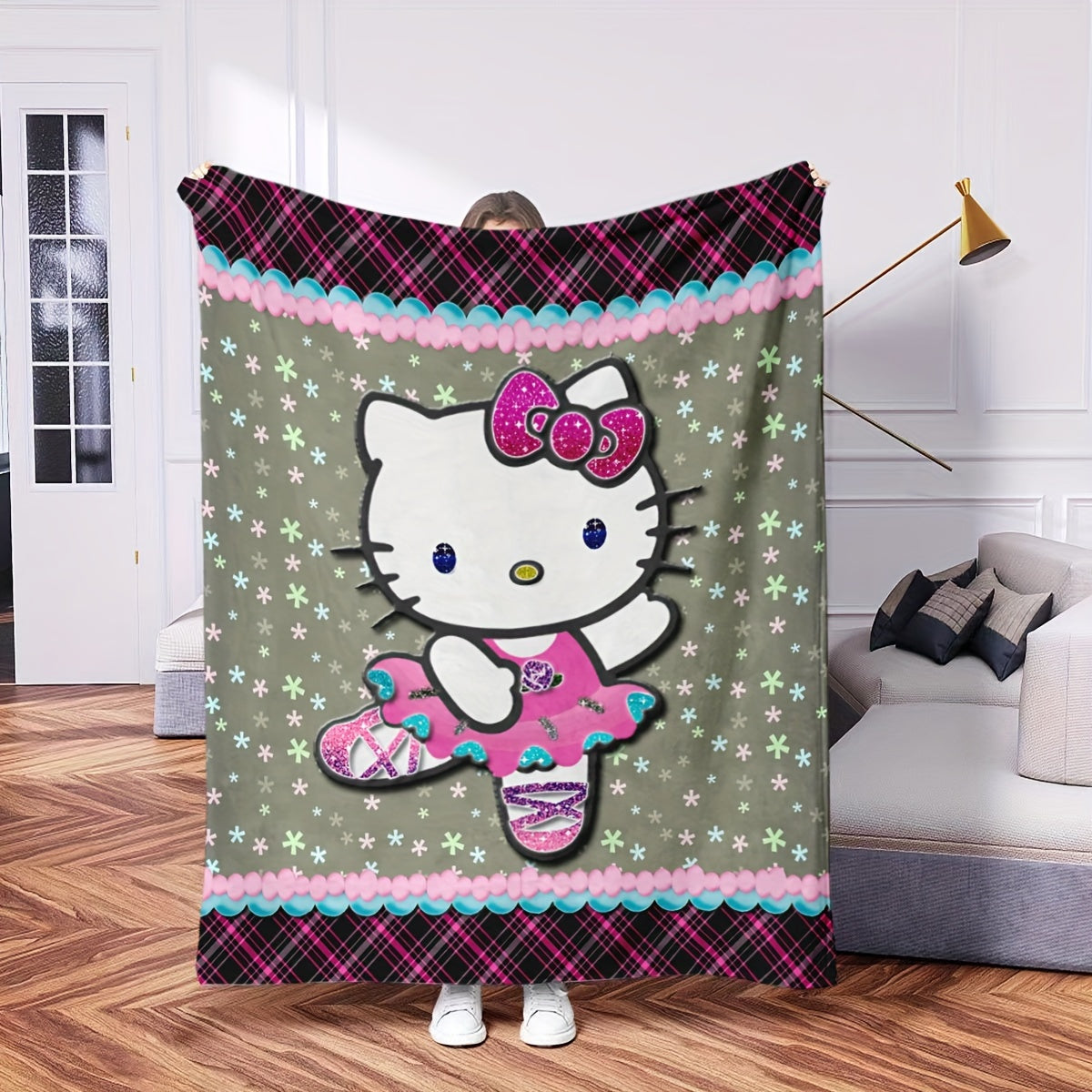 Square Pattern Hello Kitty Flannel Blanket for Kids and Adults Comfortable Bed Sofa Car Use