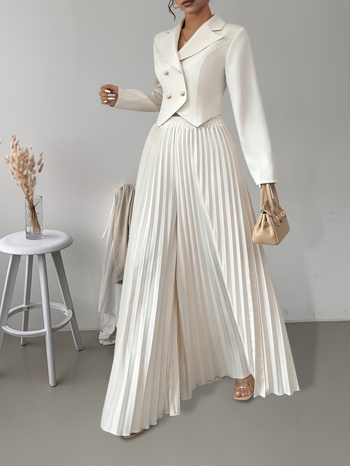 Women's Suit Set Double-Breasted Blazer and Pleated Pants Solid Polyester Spring Fall