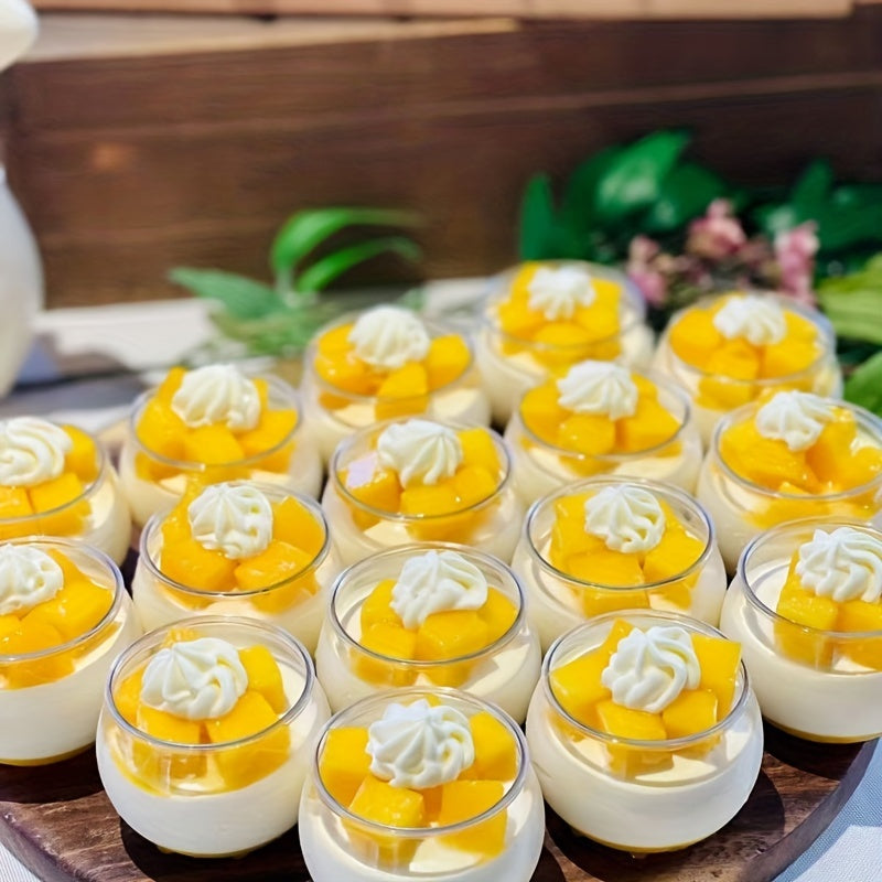 «Набор из 10 одноразовых круглых стаканчиков для десертов, 120 мл — идеально подходит для торта, йогурта, закусок, мороженого, мусса и многого другого. Изготовлены из ПЭТ-материала.