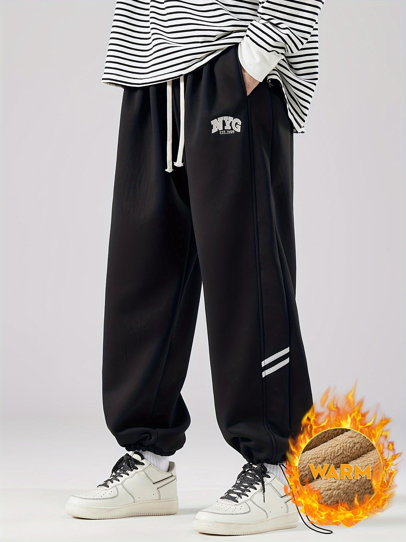 Men's Fleece-Lined Drawstring Joggers Black Plus Size Winter Sweatpants