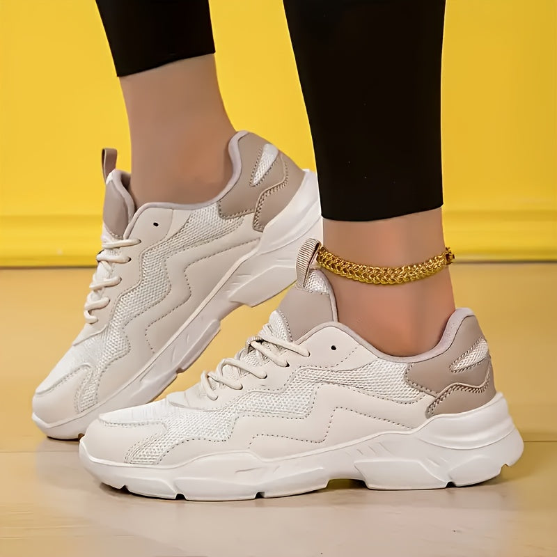 Women's Breathable Lightweight Running Sneakers White Brown Low Top Casual Shoes