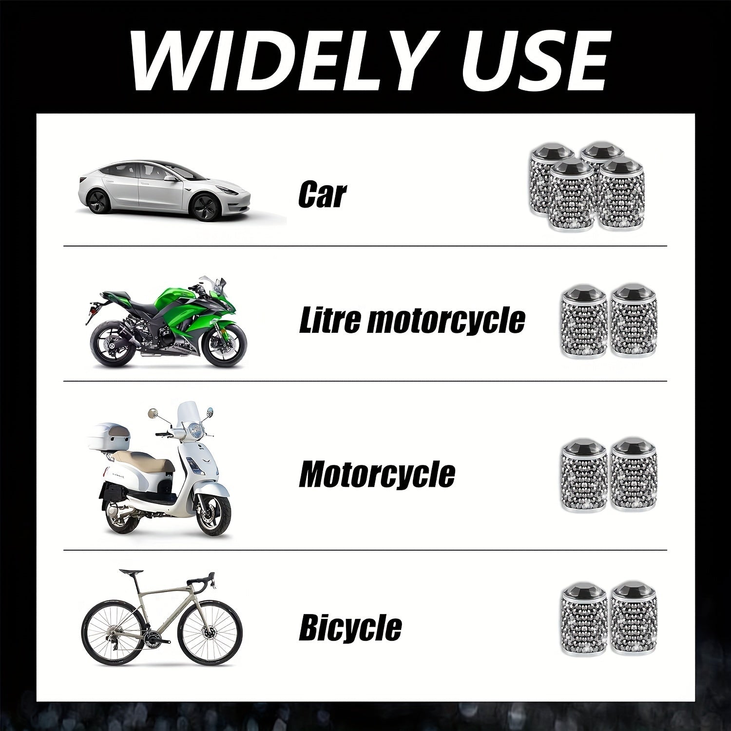 4-Pack Crystal Car Valve Stems Stylish Metal Tire Valve Covers for SUV Motorcycle Bicycle