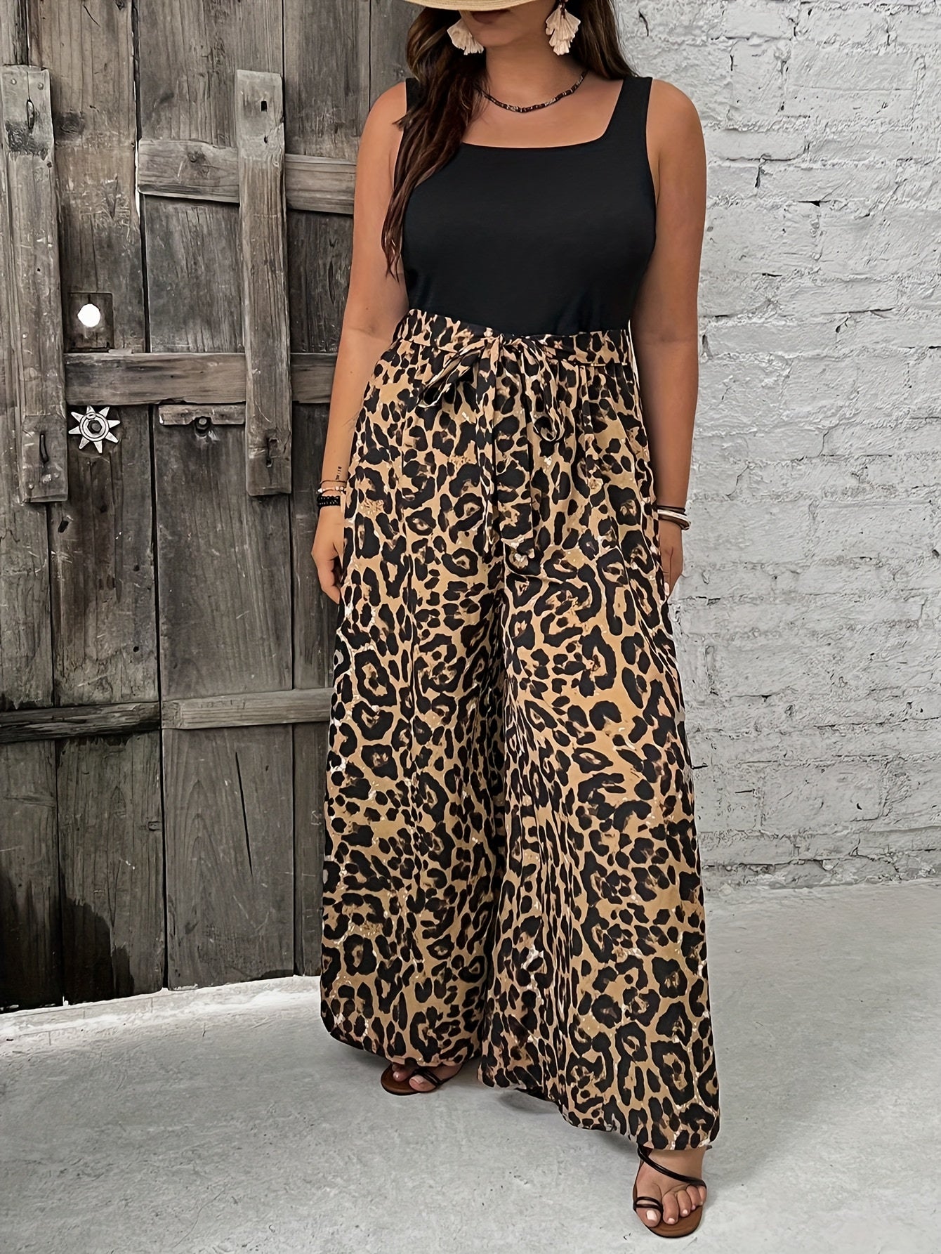 Plus Size Women's Leopard Print Sleeveless Jumpsuit with Belt for Casual and Formal