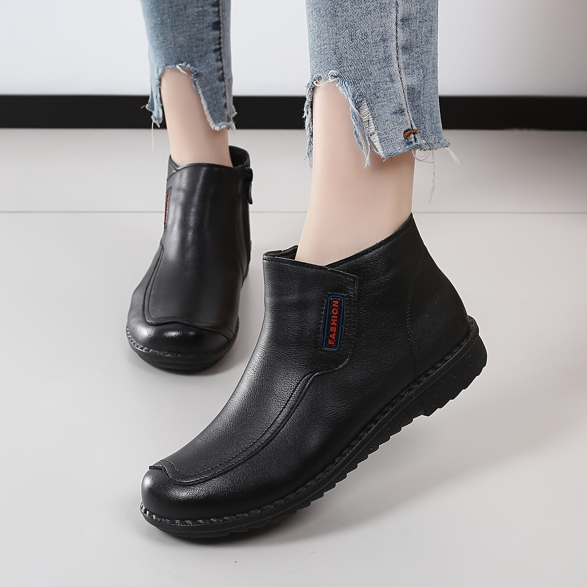 Women's Comfortable Flat Ankle Boots Soft PU Side Zipper All-Season