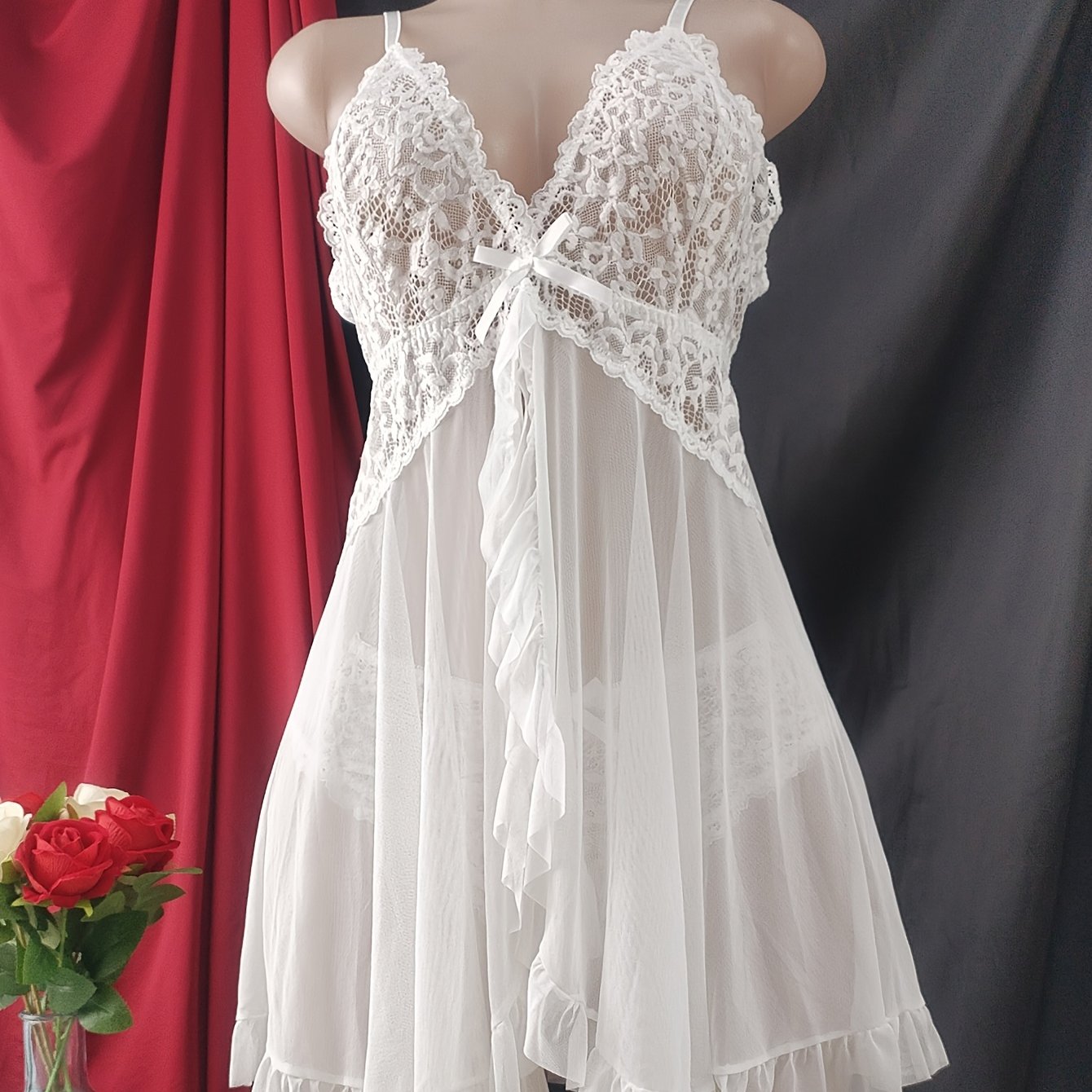 Red Lace Pajama Set for Women Strapless Top Ruffled Hem Romantic Nightwear