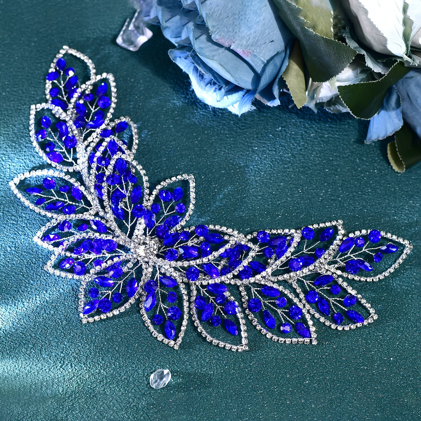 Blue Hairband with Rhinestones and Hollow-Out Design for Weddings and Special Occasions