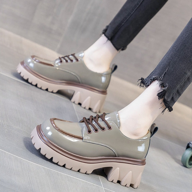 Women's Chunky Heel Loafers White Brown Casual Shoes Thick Sole