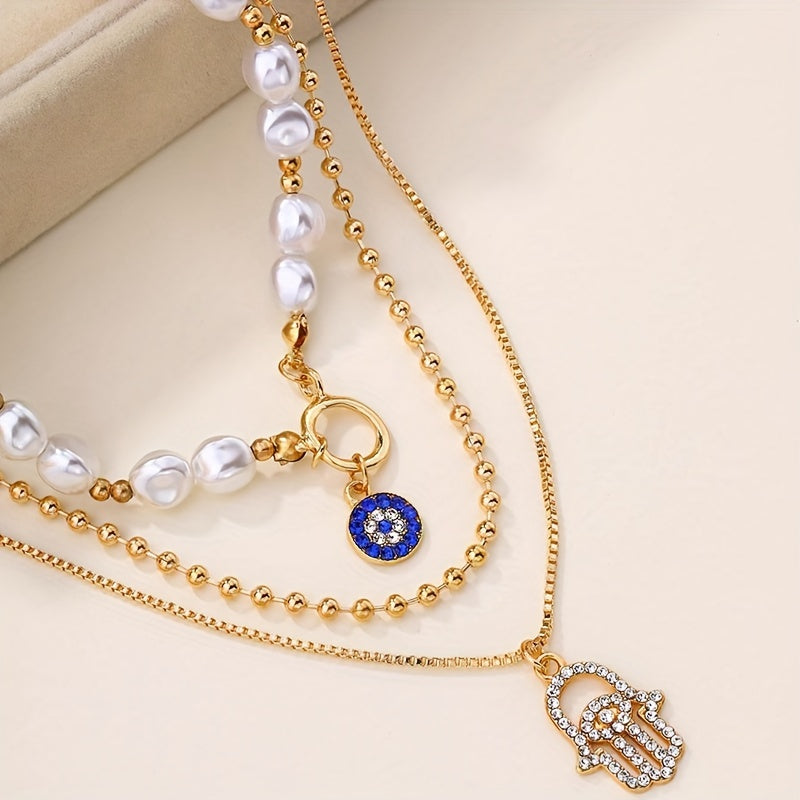 Unisex Multi-Layered Imitation Pearl Necklace with Evil Eye and Hamsa Pendants Punk Style